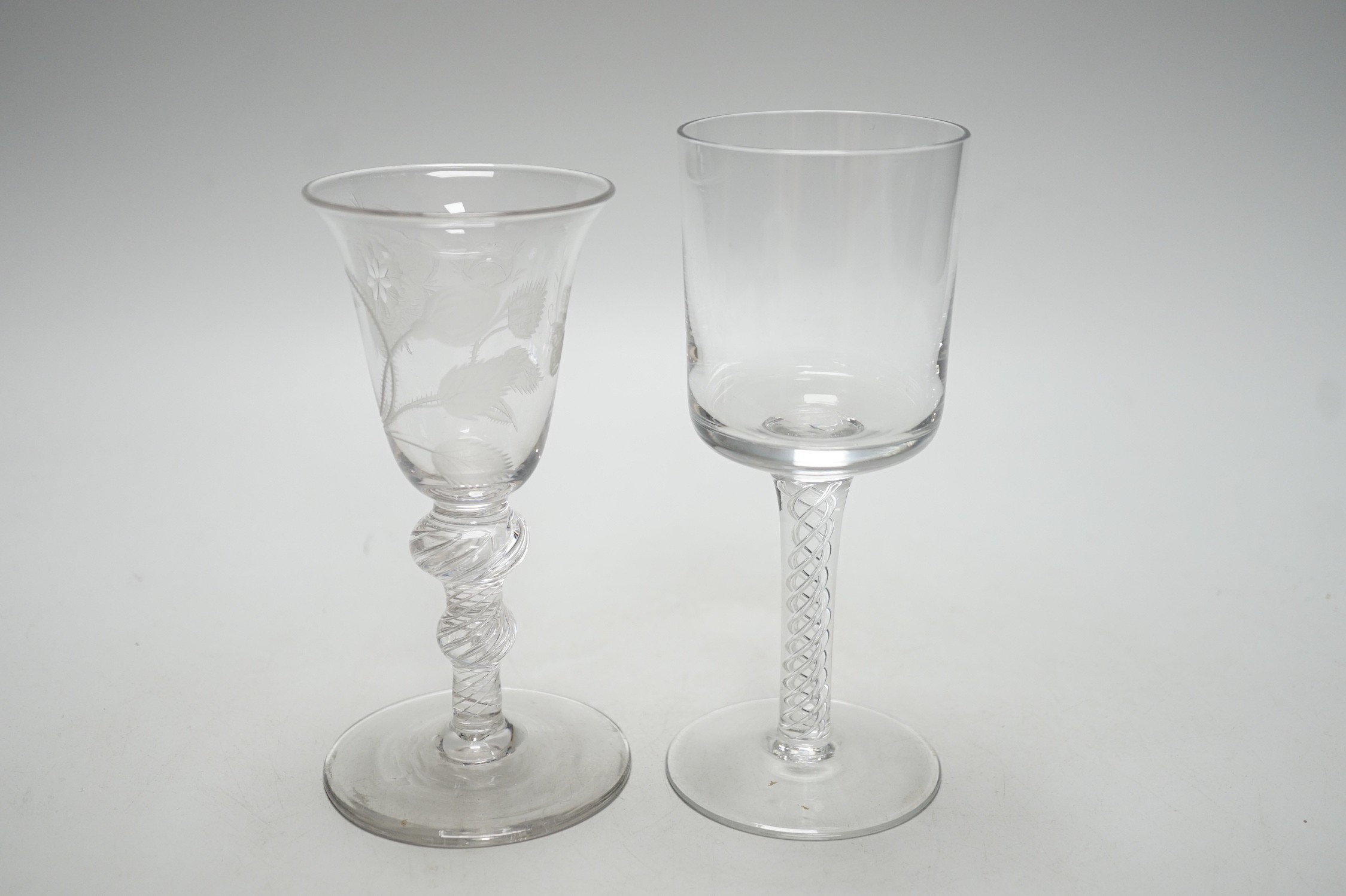 Two airtwist stem glasses, one in Jacobite style (2), tallest 16cms high